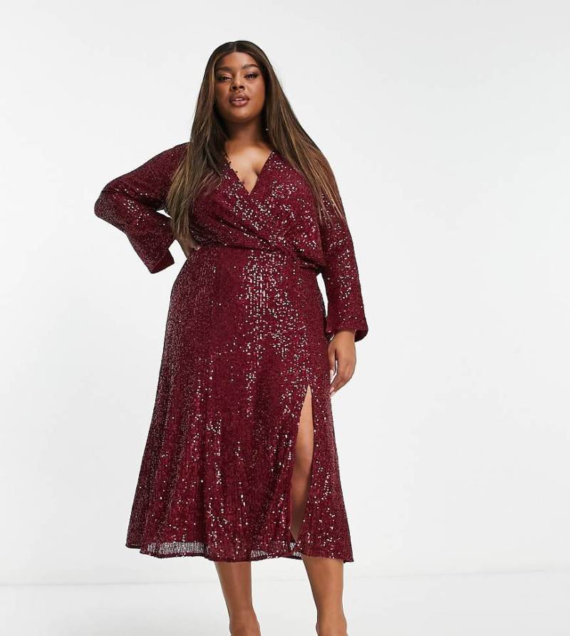 ASOS DESIGN Curve - Verziertes Midikleid in Beerenrot mit Drapierung und Knopfdetail von ASOS Curve