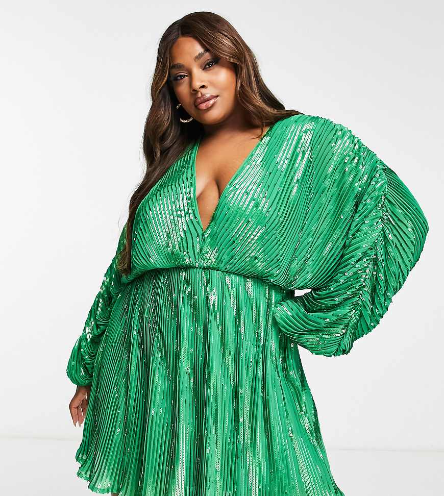 ASOS DESIGN Curve - Verziertes Minikleid in Grün mit Blouson-Ärmeln von ASOS Curve