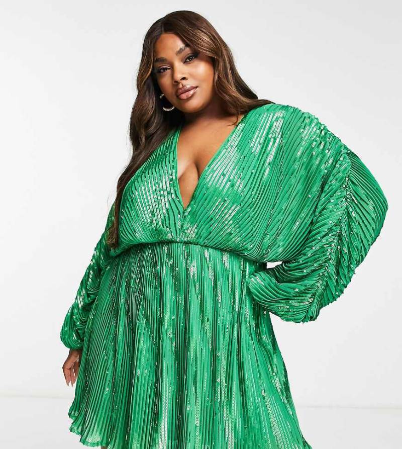 ASOS DESIGN Curve - Verziertes Minikleid in Grün mit Blouson-Ärmeln von ASOS Curve