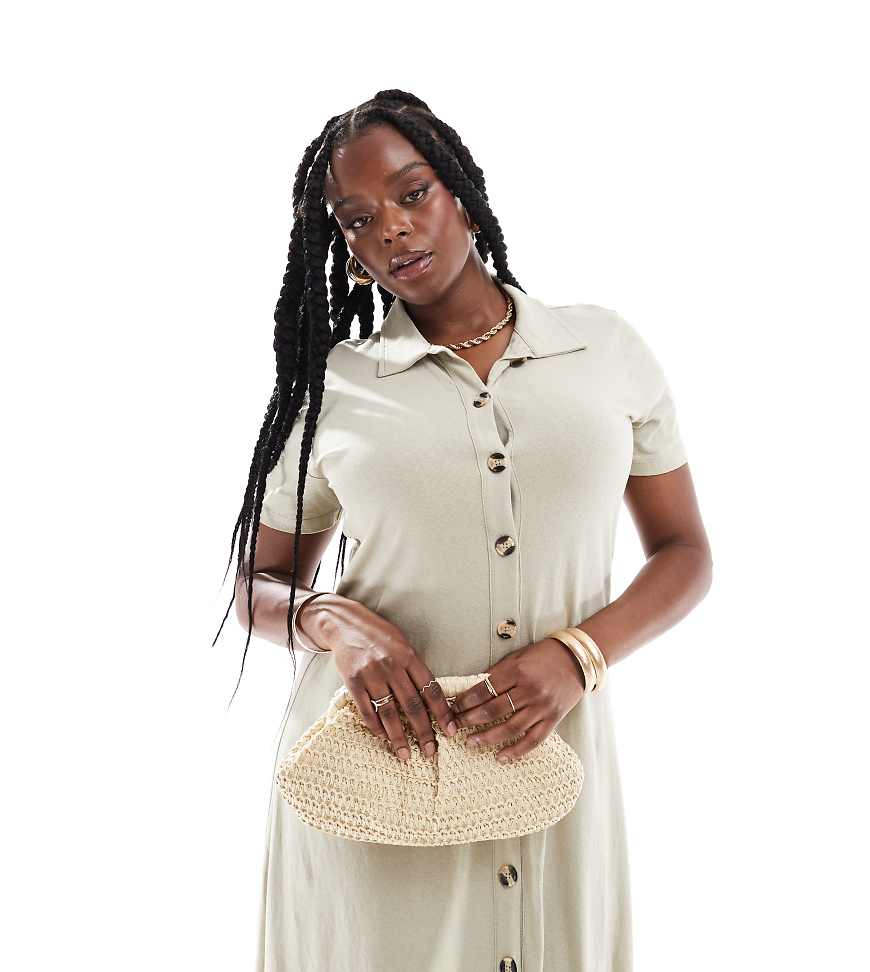 ASOS DESIGN Curve - Wadenlanges Freizeitkleid in sandfarbener Leinenoptik mit Kragen und durchgehender Knopfleiste-Neutral ASOS DESIGN Curve - Wadenlanges Freizeitkleid in sandfarbener Leinenoptik mit Kragen und durchgehender Knopfleiste-Neutral von ASOS Curve