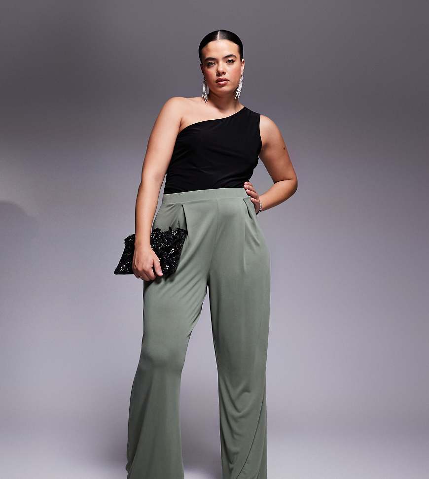 ASOS DESIGN Curve - Weiche Hose in Khaki mit Bundfalten und weitem Bein-Grün von ASOS Curve