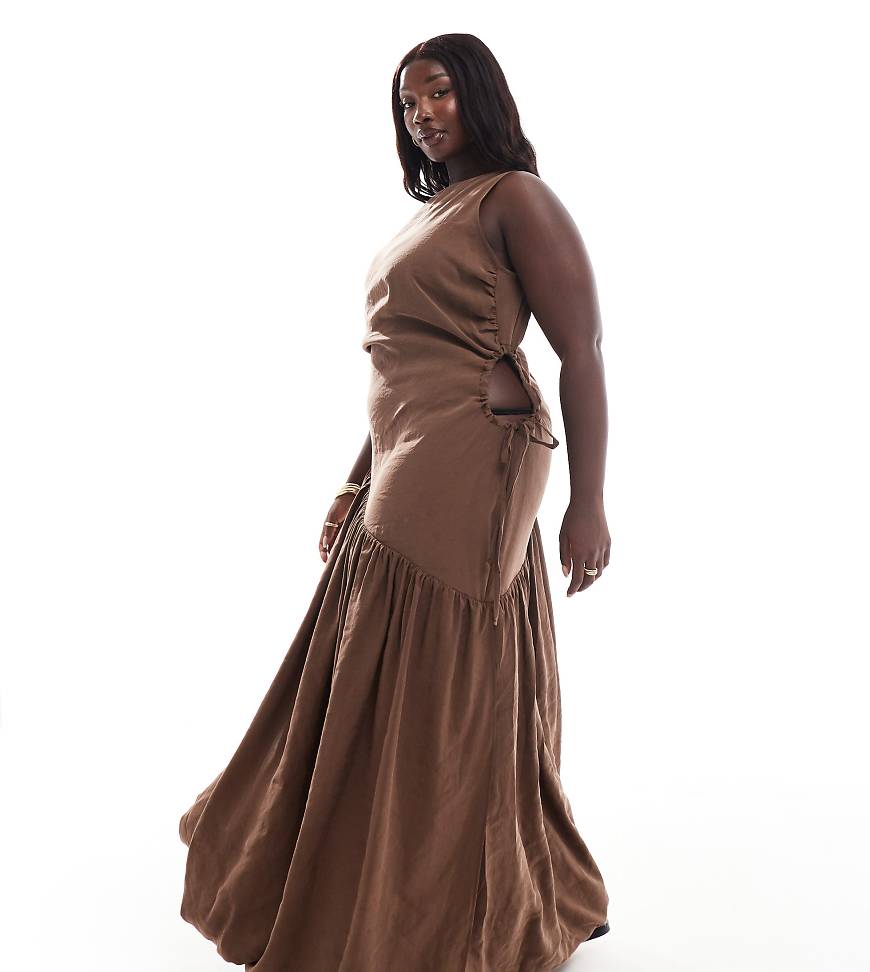 ASOS DESIGN Curve - Weiches, drapiertes Midikleid in Braun mit gebundenem Tunnelzug an den Seiten von ASOS Curve