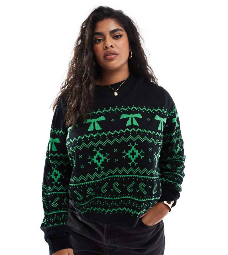 ASOS DESIGN Curve - Weihnachtspullover mit Norwegermuster in Schwarz und Grün und Rundhalsausschnitt-Bunt von ASOS Curve