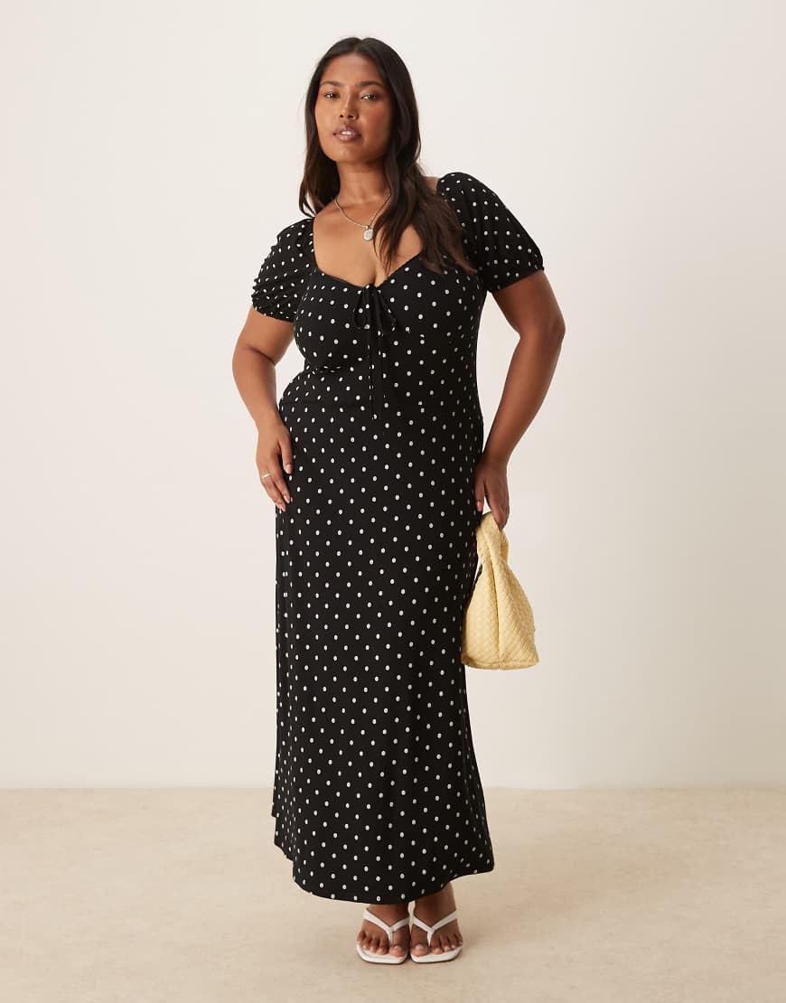 ASOS DESIGN Curve - Weiß gepunktetes Midi-Freizeitkleid in Schwarz mit Muschelsaum-Kragen, Puffärmeln und Ziernaht-Bunt ASOS DESIGN Curve - Weiß gepunktetes Midi-Freizeitkleid in Schwarz mit Muschelsaum-Kragen, Puffärmeln und Ziernaht-Bunt von ASOS Curve