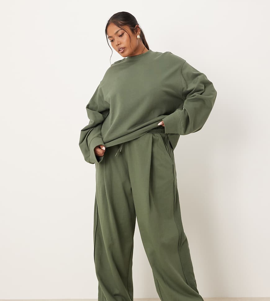 ASOS DESIGN Curve - Weit geschnittene Jogginghose in Khaki mit Waffelstruktur-Einsatz, Kombiteil-Grün von ASOS Curve