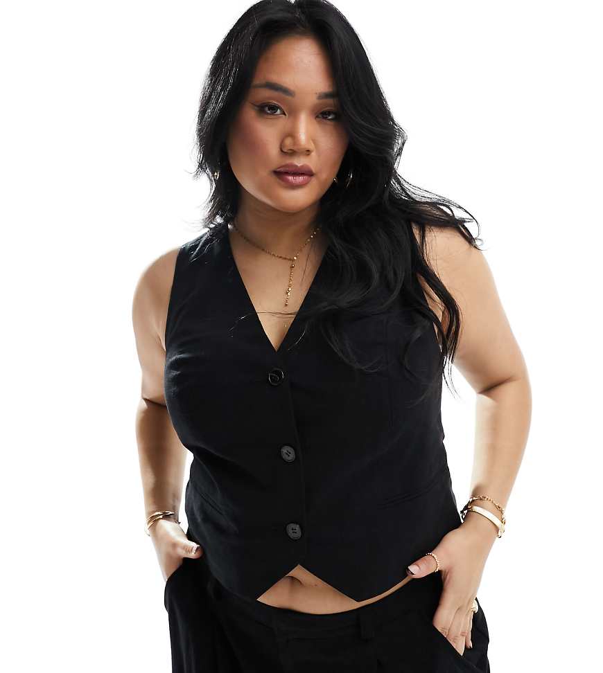ASOS DESIGN Curve - Weste in Schwarz mit Leinenanteil von ASOS Curve