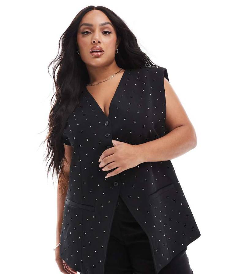 ASOS DESIGN Curve - Weste in Schwarz mit Strassbesatz und akzentuierten Schultern von ASOS Curve