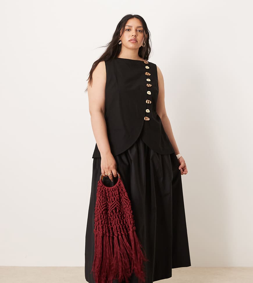 ASOS DESIGN Curve - Westen-Maxikleid in schwarzer Leinenoptik mit Rock aus Popeline von ASOS Curve