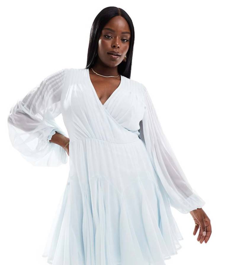 ASOS DESIGN Curve - Wickel-Minikleid in Eisblau mit Ballonärmeln und Bindedetail an der Taille von ASOS Curve