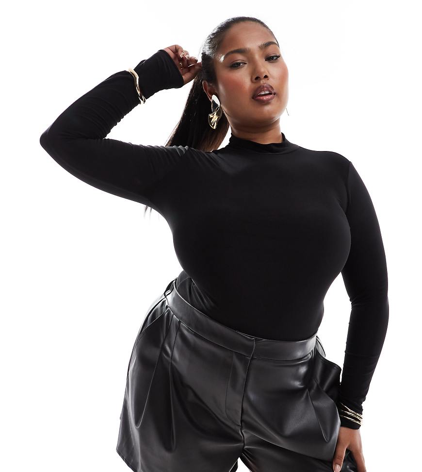 ASOS DESIGN Curve - Zweilagiger, hochgeschlossener Body in Schwarz mit figurbetontem Schnitt und langen Ärmeln ASOS DESIGN Curve - Zweilagiger, hochgeschlossener Body in Schwarz mit figurbetontem Schnitt und langen Ärmeln von ASOS Curve