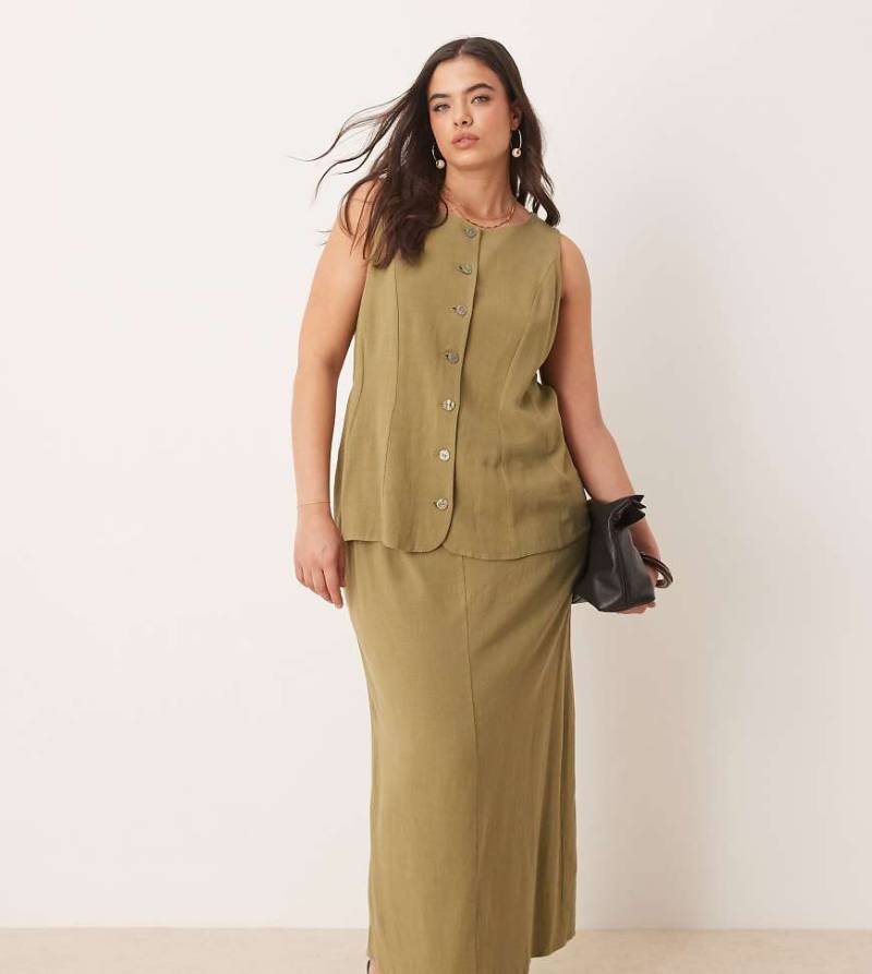 ASOS DESIGN - Leinen-Midikleid in Khaki mit Westen-Detail-Grün von ASOS Curve