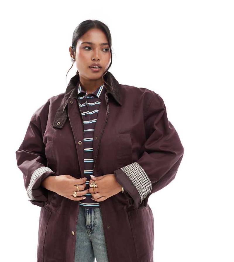 ASOS DESIGN - Taillierte Wachsjacke in Pflaume mit farblich abgesetztem Kragen-Lila von ASOS Curve