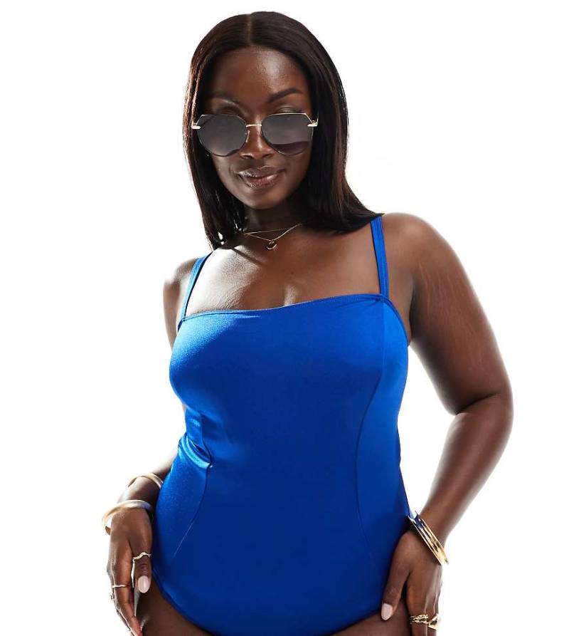 ASOS DESiGN Curve - Badeanzug in Marineblau mit eckigem Ausschnitt und Schnürdetail von ASOS Curve