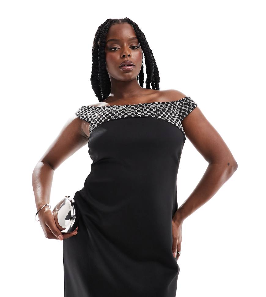 ASOS Design Curve - Bardot-Midikleid in Schwarz mit verziertem Einsatz ASOS Design Curve - Bardot-Midikleid in Schwarz mit verziertem Einsatz von ASOS Curve