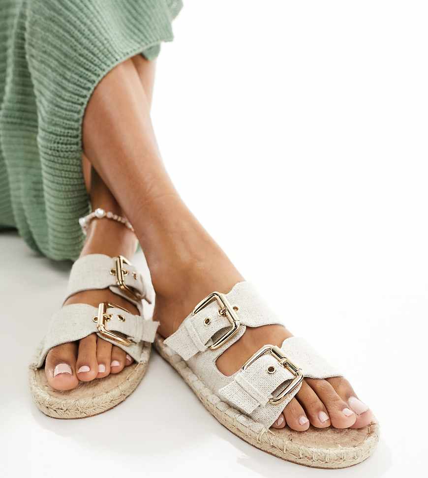 ASOS DESIGN - Jada - Espadrilles-Sandalen aus naturfarbenem Leinen mit doppeltem Riemen und Schnallen, weite Passform-Neutral von ASOS DESIGN Wide Fit