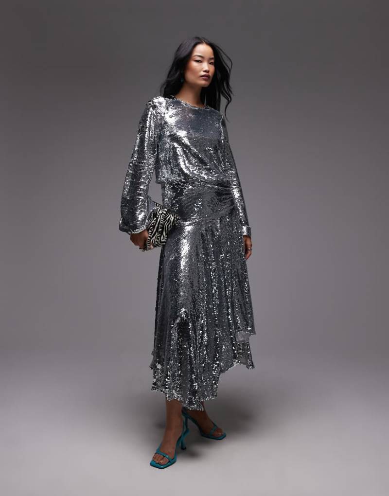 ASOS ARCHIVE - Langärmliges Maxikleid mit tiefer Taille in Silber mit Paillettenverzierung von ASOS DESIGN