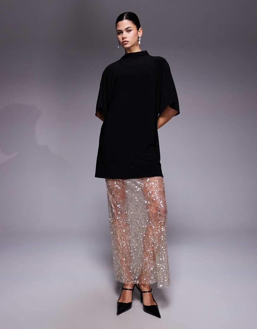 ASOS DESIGN - 2-in-1-Maxikleid in Champagner mit kurzärmligem T-Shirt-Oberteil und paillettenbesetztem Spitzenrock-Bunt von ASOS DESIGN