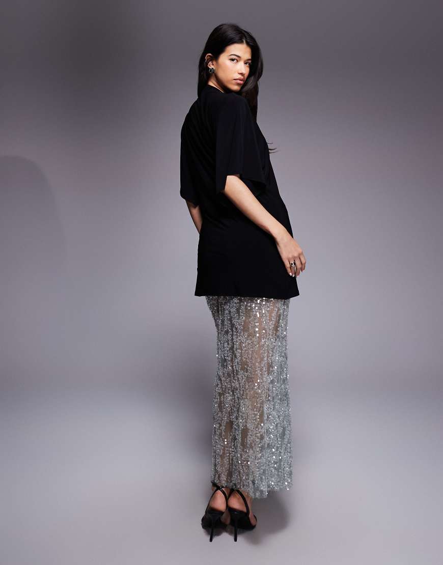 ASOS DESIGN - 2-in-1-Maxikleid in Minzgrün mit T-Shirt-Oberteil und paillettenbesetztem Spitzenrock-Bunt von ASOS DESIGN