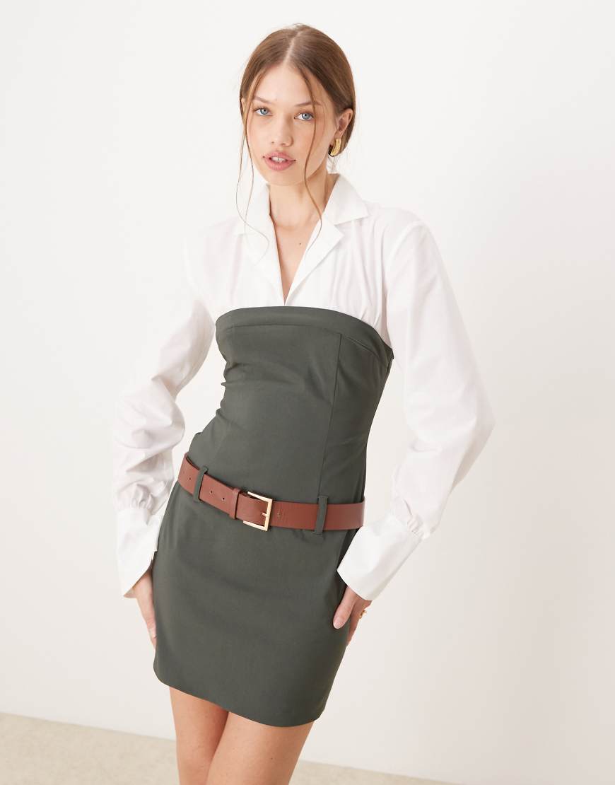 ASOS DESIGN - 2 in 1 Minikleid in Oliv mit Hemdeinsatz und Gürteldetail-Grün ASOS DESIGN - 2 in 1 Minikleid in Oliv mit Hemdeinsatz und Gürteldetail-Grün von ASOS DESIGN