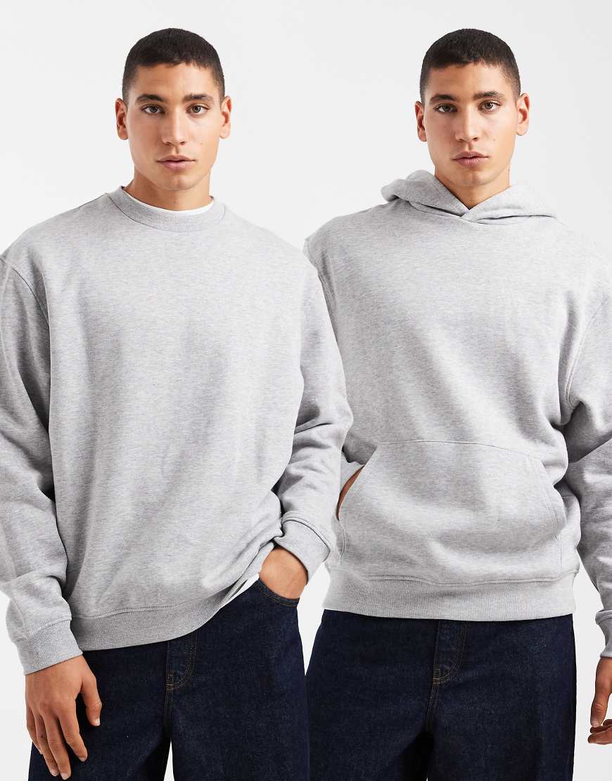 ASOS DESIGN - 2er-Pack Basic-Kapuzenpullover und -Sweatshirt in meliertem Grau mit lockerem Schnitt von ASOS DESIGN
