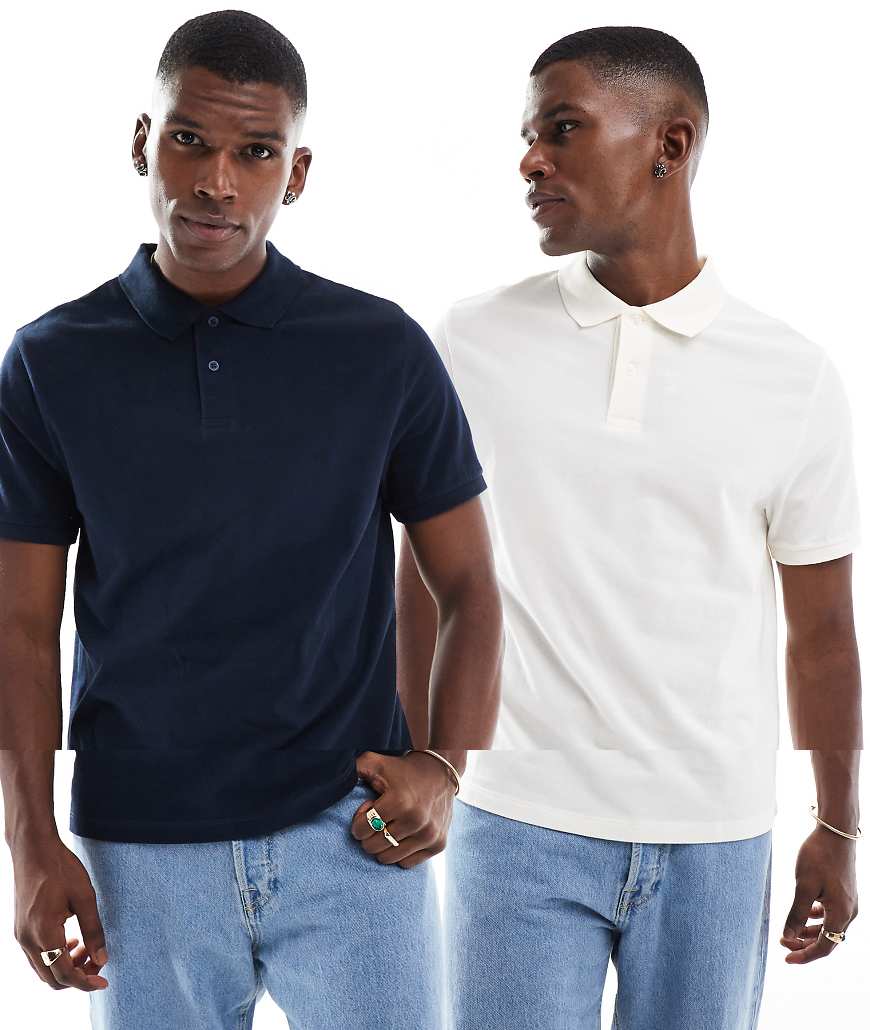 ASOS DESIGN - 2er-Pack Basic-Polohemden aus Pikee in Marineblau und Cremeweiß-Bunt von ASOS DESIGN