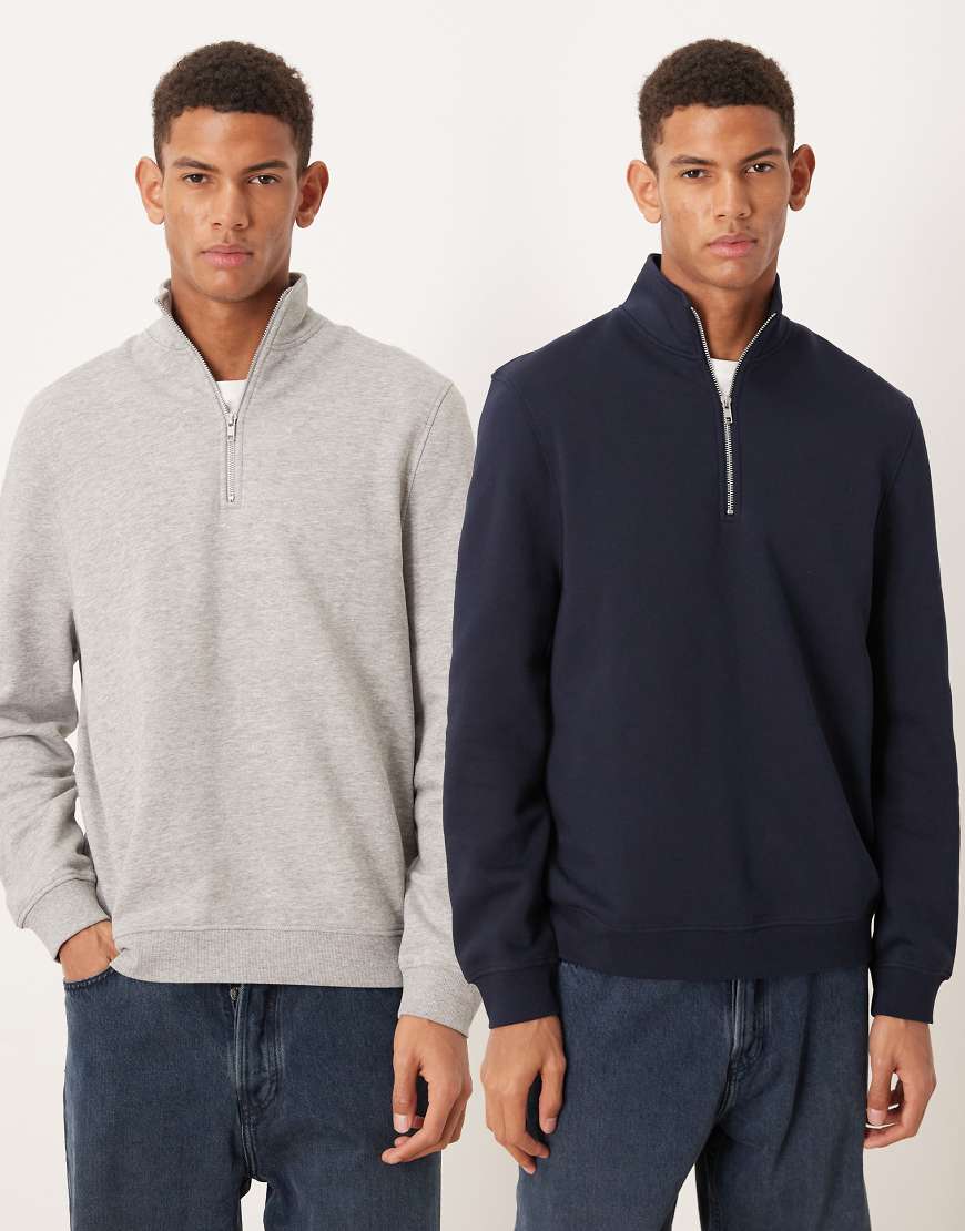 ASOS DESIGN - 2er-Pack Basic-Sweatshirts in Marineblau und Grau meliert mit kurzem Reißverschluss-Bunt ASOS DESIGN - 2er-Pack Basic-Sweatshirts in Marineblau und Grau meliert mit kurzem Reißverschluss-Bunt von ASOS DESIGN