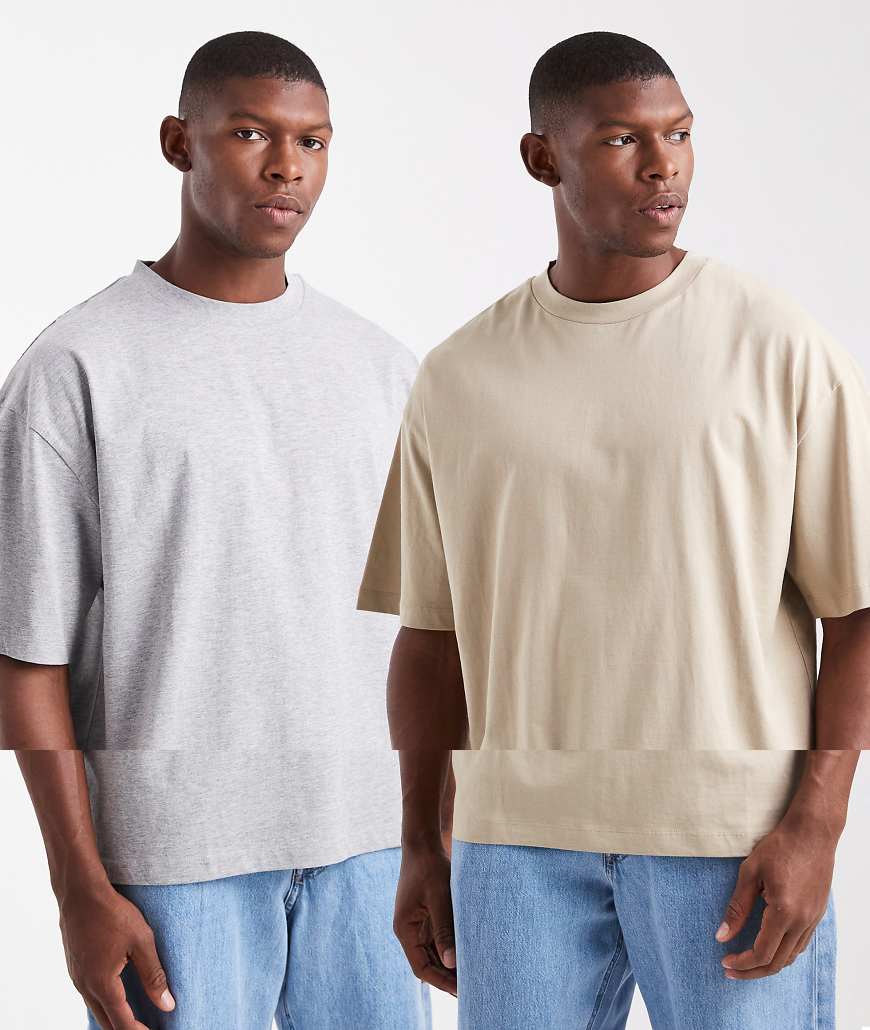 ASOS DESIGN - - 2er-Pack Basic-T-Shirts in Beige und Grau in Oversize-Passform-Bunt von ASOS DESIGN