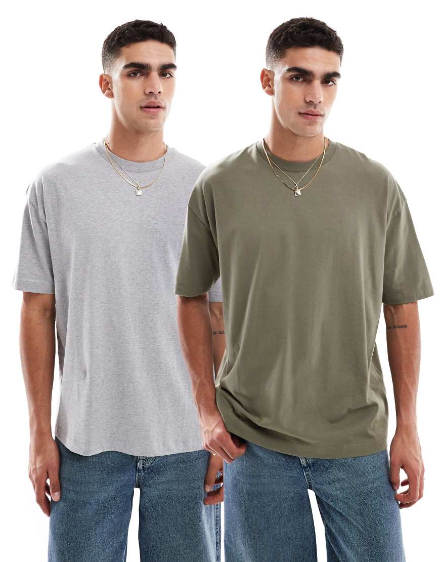 ASOS DESIGN - 2er-Pack Basic-T-Shirts in Grau meliert und Khaki mit Oversize-Passform-Bunt von ASOS DESIGN