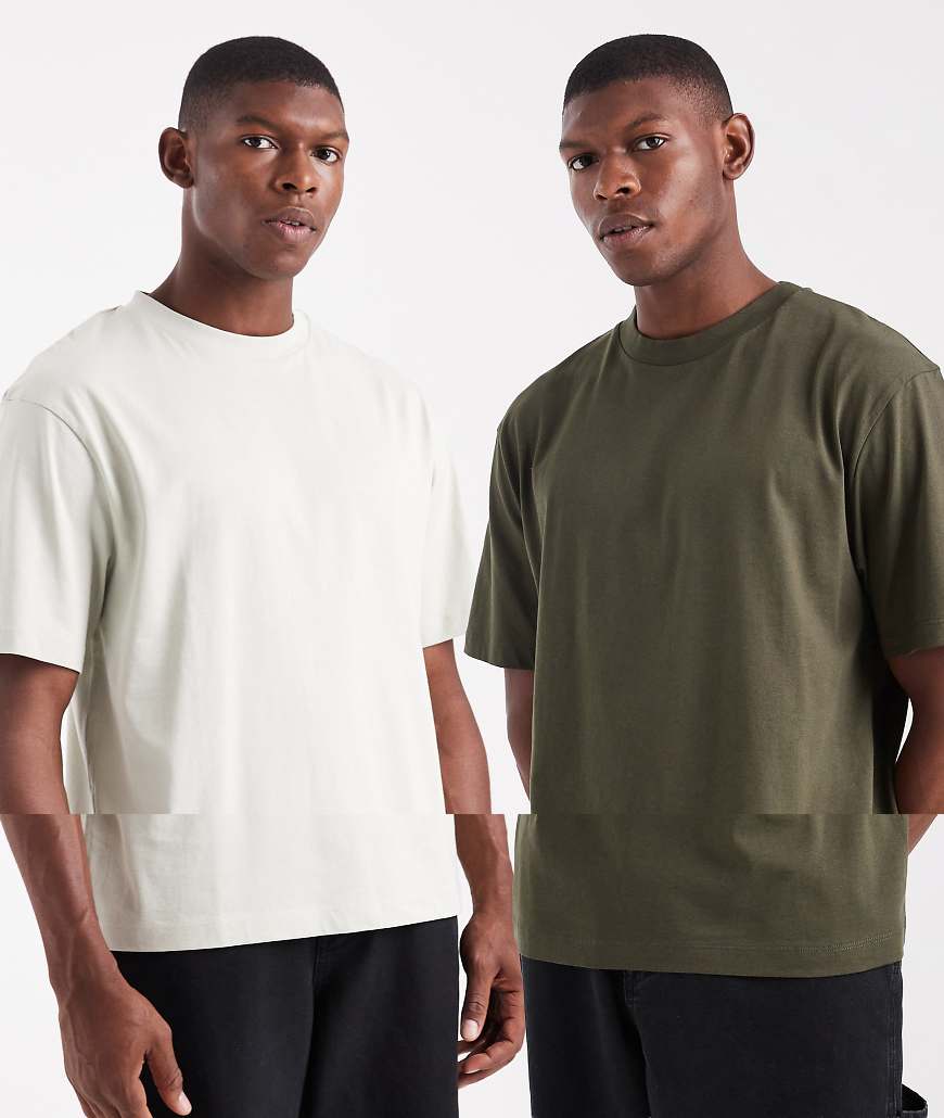 ASOS DESIGN - 2er-Pack Basic-T-Shirts in Grau und Dunkelgrün mit lockerer Passform-Bunt von ASOS DESIGN