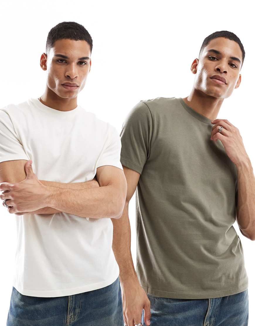 ASOS DESIGN - 2er-Pack Basic-T-Shirts in Khaki und Cremeweiß mit Rundhalsausschnitt-Bunt von ASOS DESIGN