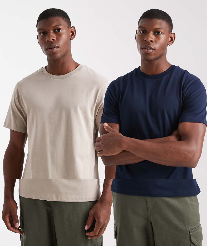 ASOS DESIGN - 2er-Pack Basic-T-Shirts in Marineblau und Steinbeige mit Rundhalsausschnitt-Bunt von ASOS DESIGN