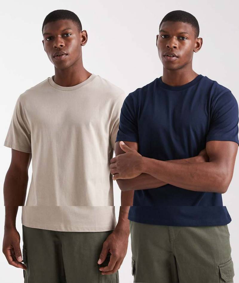 ASOS DESIGN - 2er-Pack Basic-T-Shirts in Marineblau und Steinbeige mit Rundhalsausschnitt-Bunt von ASOS DESIGN