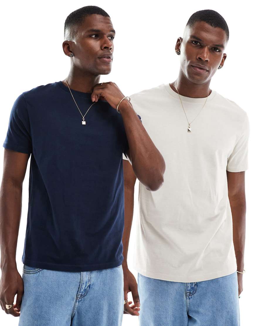 ASOS DESIGN - 2er-Pack Basic-T-Shirts in Marineblau und Steinbeige mit Rundhalsausschnitt-Bunt von ASOS DESIGN