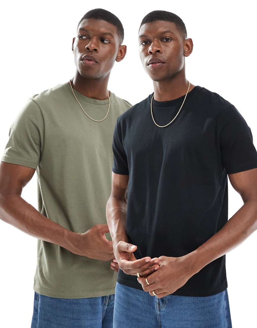 ASOS DESIGN - 2er-Pack Basic-T-Shirts in Schwarz und Khaki mit Rundhalsausschnitt-Bunt von ASOS DESIGN