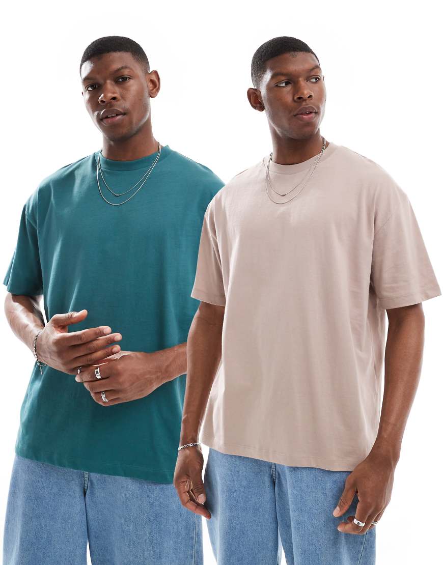 ASOS DESIGN - 2er-Pack Basic-T-Shirts in Steinbeige und Grün mit Oversize-Passform-Bunt ASOS DESIGN - 2er-Pack Basic-T-Shirts in Steinbeige und Grün mit Oversize-Passform-Bunt von ASOS DESIGN