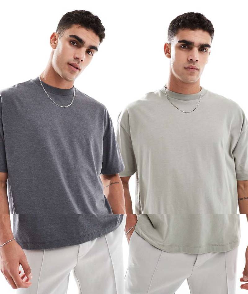 ASOS DESIGN - 2er-Pack Basic-T-Shirts in meliertem Anthrazit und Khaki mit Oversize-Schnitt-Bunt von ASOS DESIGN