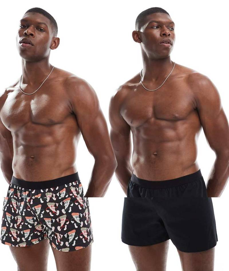 ASOS DESIGN - 2er-Pack Boxershorts in Schwarz mit Pizza-Grafik von ASOS DESIGN