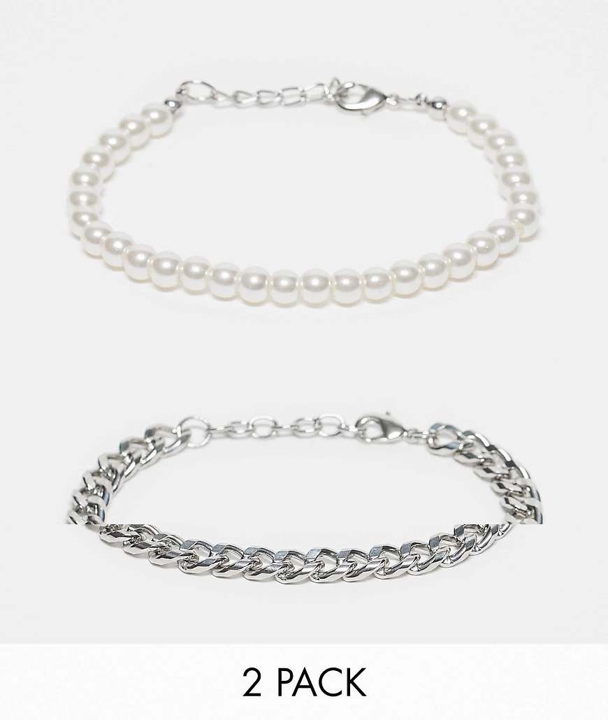 ASOS DESIGN - 2er-Pack Festival-Armbänder in silberfarbenem Kunstperlen- und Kettendesign ASOS DESIGN - 2er-Pack Festival-Armbänder in silberfarbenem Kunstperlen- und Kettendesign von ASOS DESIGN