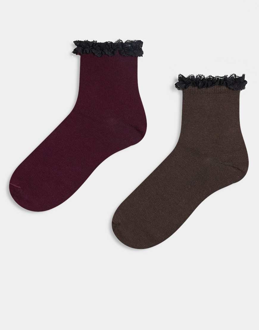 ASOS DESIGN - 2er-Pack Knöchelsocken in Burgunderrot und Schokobraun mit Rüschen oben-Bunt ASOS DESIGN - 2er-Pack Knöchelsocken in Burgunderrot und Schokobraun mit Rüschen oben-Bunt von ASOS DESIGN