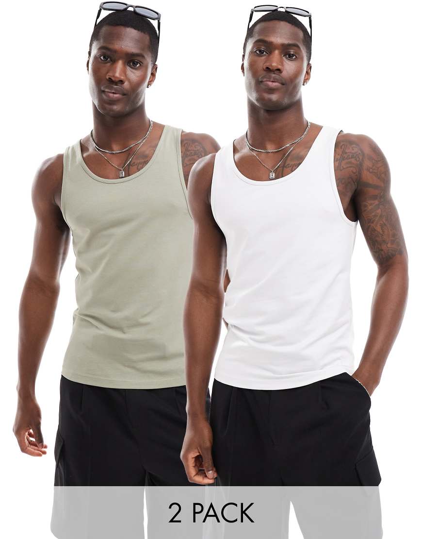 ASOS DESIGN - 2er-Pack Muskel-Trägertops in Grau und Khaki-Bunt ASOS DESIGN - 2er-Pack Muskel-Trägertops in Grau und Khaki-Bunt von ASOS DESIGN