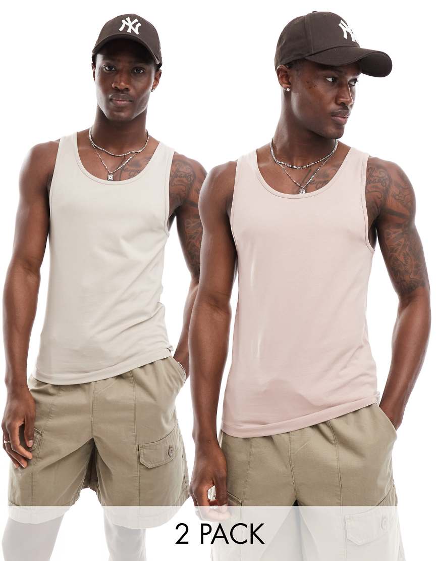 ASOS DESIGN - 2er-Pack Muskel-Trägertops in Stein und Rosa-Bunt ASOS DESIGN - 2er-Pack Muskel-Trägertops in Stein und Rosa-Bunt von ASOS DESIGN