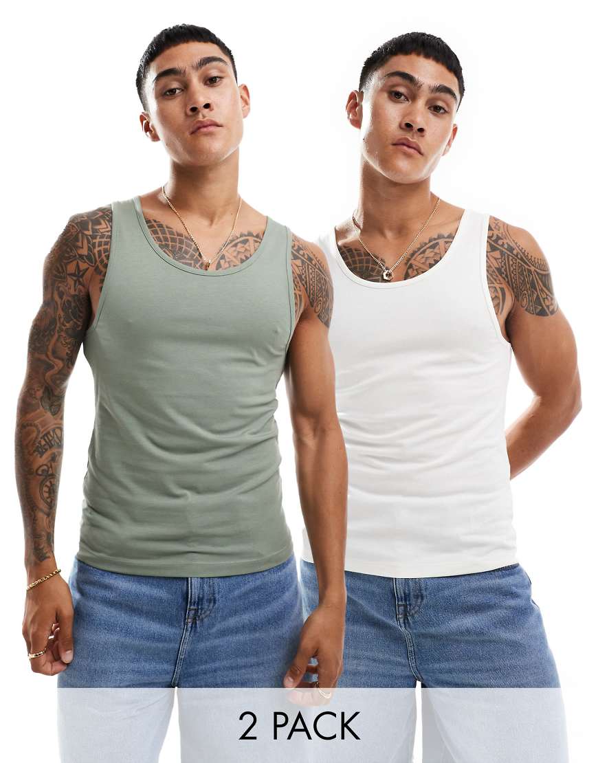 ASOS DESIGN - 2er-Pack Muskelshirts in Cremeweiß und Mittelgrün-Bunt ASOS DESIGN - 2er-Pack Muskelshirts in Cremeweiß und Mittelgrün-Bunt von ASOS DESIGN