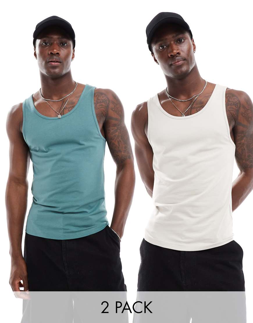 ASOS DESIGN - 2er-Pack Muskelshirts in Stein und Mittelgrün-Bunt ASOS DESIGN - 2er-Pack Muskelshirts in Stein und Mittelgrün-Bunt von ASOS DESIGN
