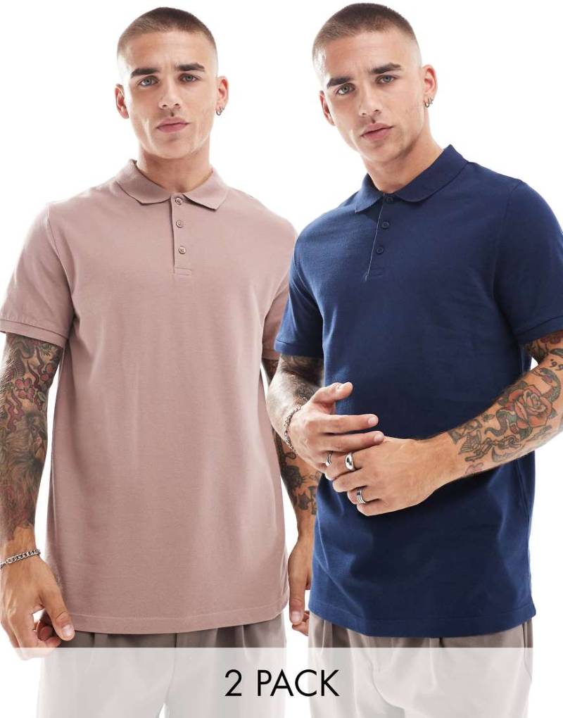 ASOS DESIGN - 2er-Pack Polohemden aus Pikee in Braun und Marineblau-Bunt von ASOS DESIGN
