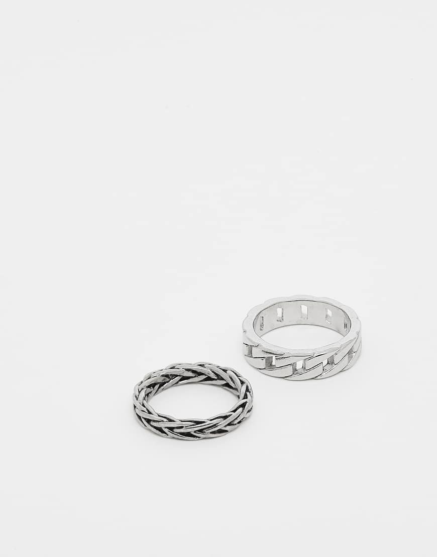 ASOS DESIGN - 2er-Pack Ringe aus wasserfestem Edelstahl in Silberoptik mit Flecht- und Kettenglied-Design von ASOS DESIGN