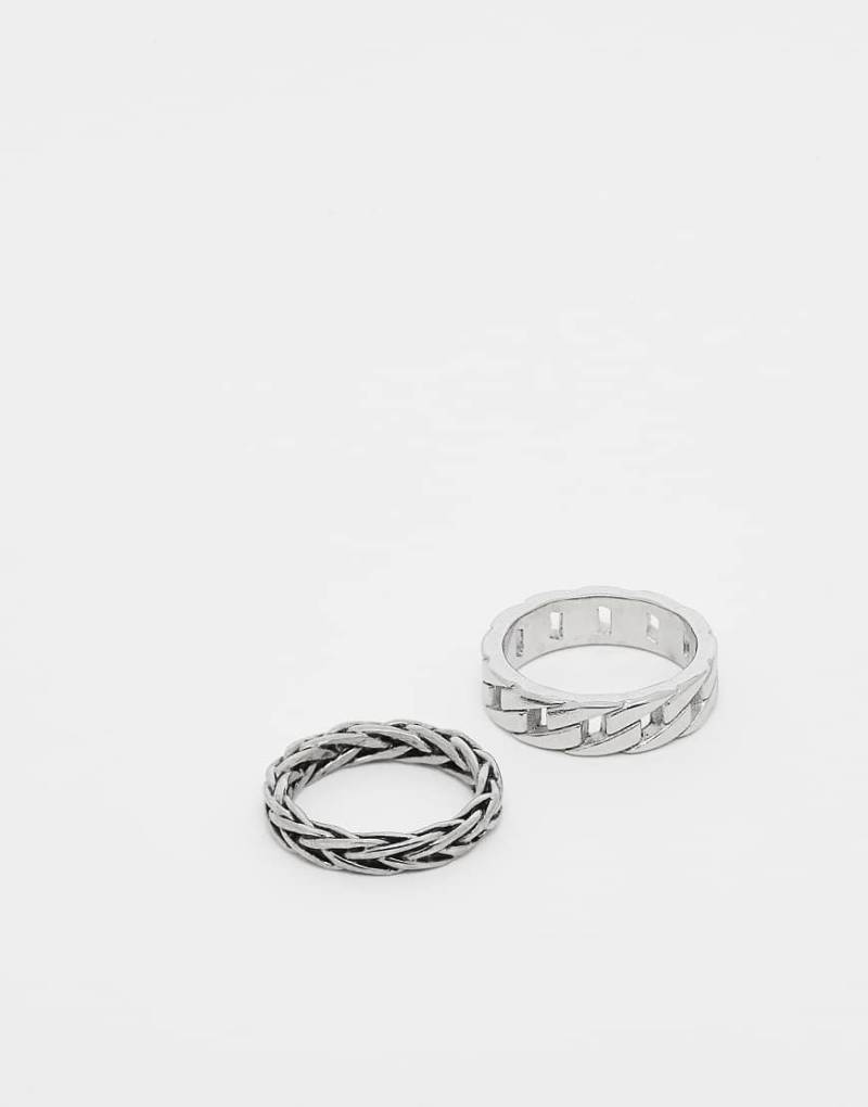 ASOS DESIGN - 2er-Pack Ringe aus wasserfestem Edelstahl in Silberoptik mit Flecht- und Kettenglied-Design von ASOS DESIGN