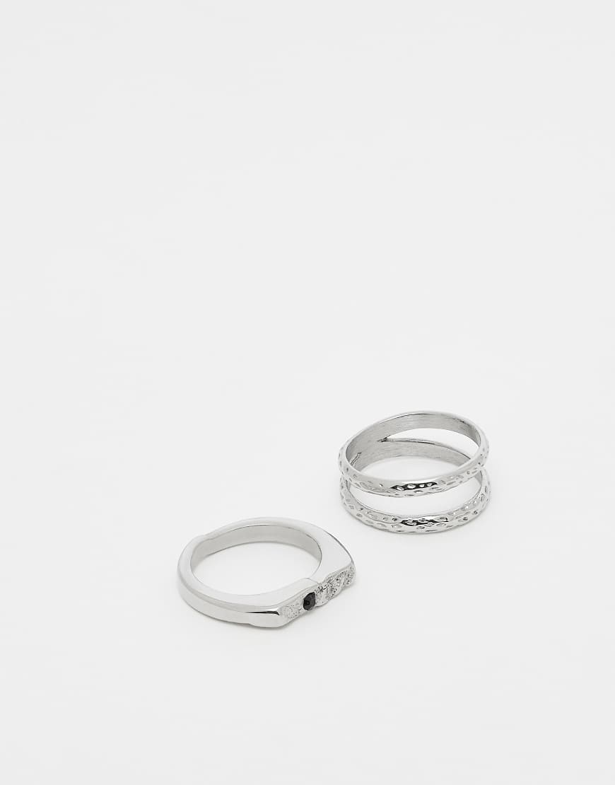 ASOS DESIGN - 2er-Pack Ringe aus wasserfestem Edelstahl in Silberoptik mit gehämmerten Details von ASOS DESIGN