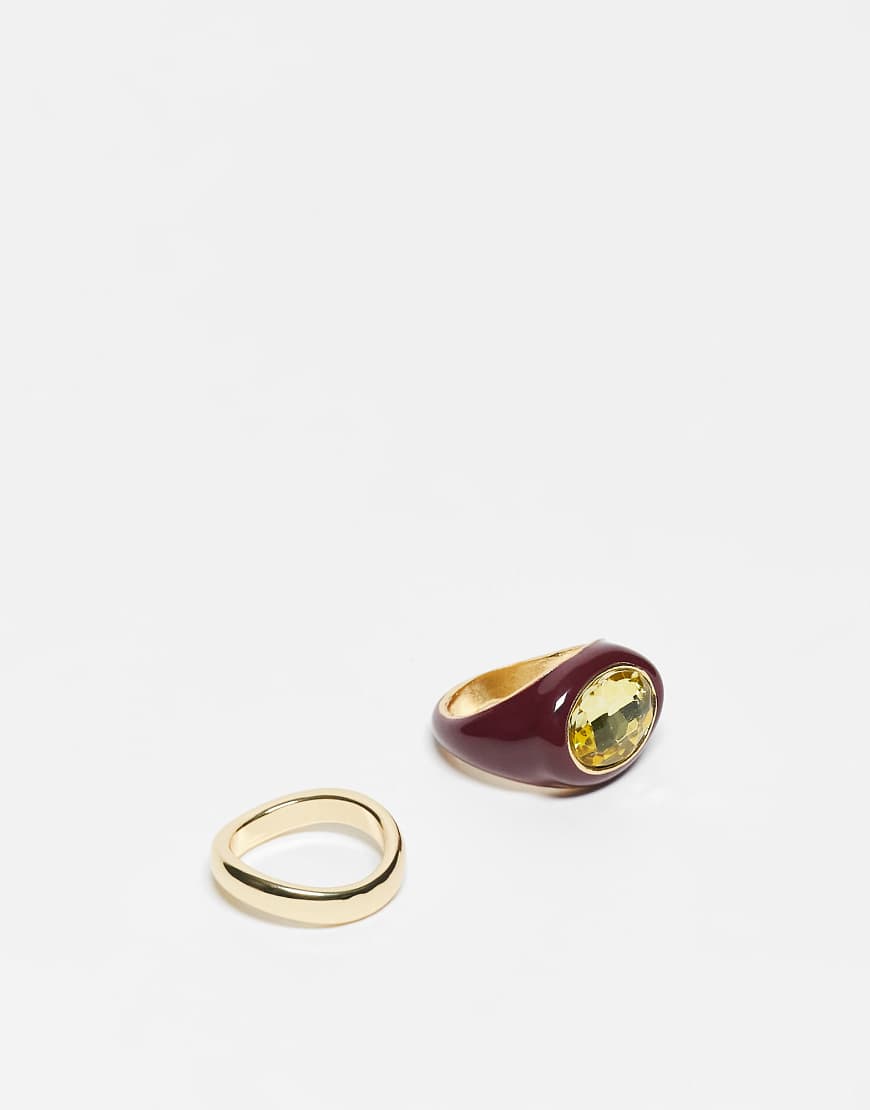 ASOS DESIGN - 2er-Pack Ringe mit Acryl-Überzug und farbigen Schmuckkristallen in Burgunderrot von ASOS DESIGN