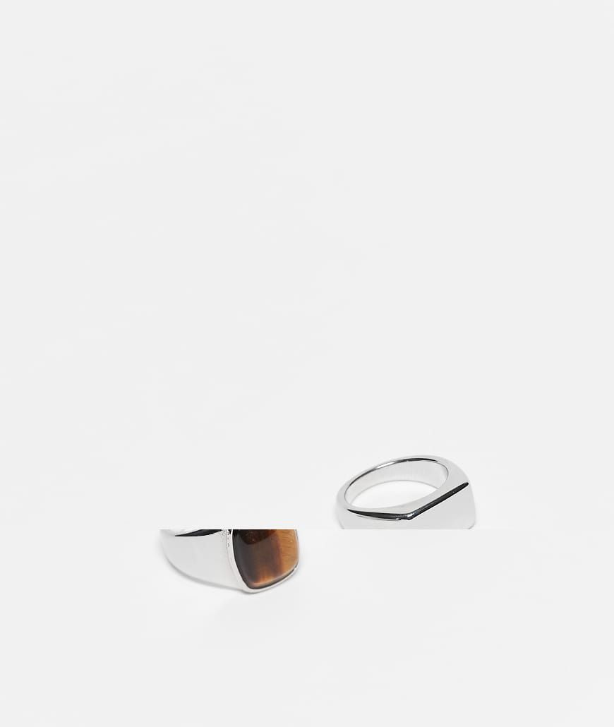 ASOS DESIGN - 2er-Pack Siegelringe aus wasserfestem Edelstahl in Silber-Optik mit Tigerauge ASOS DESIGN - 2er-Pack Siegelringe aus wasserfestem Edelstahl in Silber-Optik mit Tigerauge von ASOS DESIGN