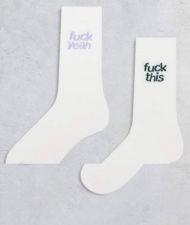 ASOS DESIGN - 2er-Pack Socken in Ecru mit „F*ck"-Slogans-Weiß von ASOS DESIGN
